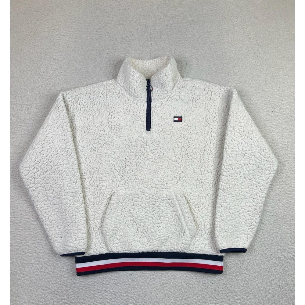 Tommy Hilfiger Sport Sweatshirt‎ Womens Medium White Sherpa Fleece 1/4 Zip Flag